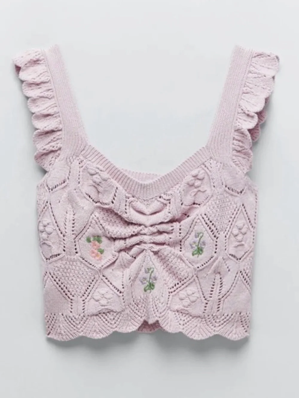 Zara Knit Cropped Floral Embroidered Top in a Pastel Pink Size S - Picture 2 of 6